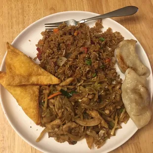 Crab Rangoon, Fried Dumplings, Roast pork fried rice, and Chicken Moo Shu