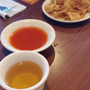 Wonton, hot tea, and egg drop soup to start