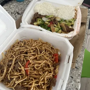 Beef Lo Mein, beef and broccoli