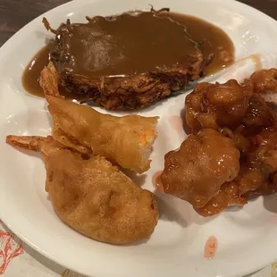 From the Family Dinner for 2. This is a plate for one person and only part of the meal. Egg Foo Young, Shrimp and Sweet n Sour Pork