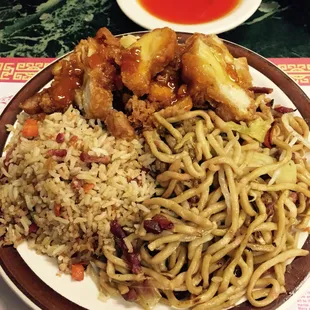 Lemon chicken . Half fried rice and chow mien