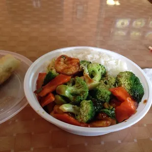 Shrimp with Broccoli and a veggie egg roll