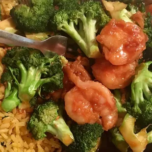 Shrimp &amp; Broccoli over shrimp fried rice combination. Nice sized order....Enough for 2 meals. Service was fast &amp; friendly