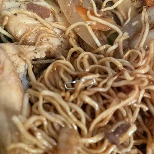 a plate of noodles and meat