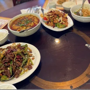 Crispy beef, S36. Fish with Vegetables in Pepper Broth, C18. Fried Chicken with Dried Chili Peppers, and A20. Dan Dan Noodle