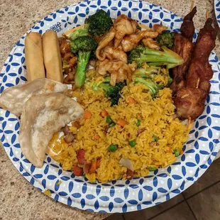 Chicken w. Broccoli, Pork Fried Rice, Teriyaki Chicken, Spring Rolls &amp; Fried Dumplings