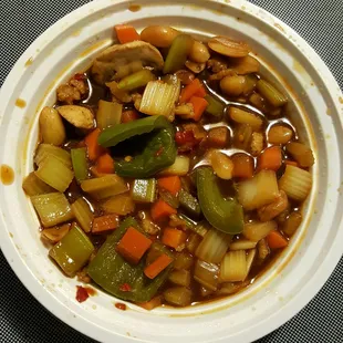 Kung Po Chicken. Plenty of veggies but no trace of chicken. Supposed to be spicy but was not at all. Sauce was practically water.