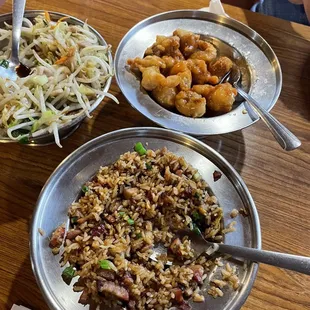 Chicken, chow mein, barbecue pork, fried rice, sweet-and-sour pork