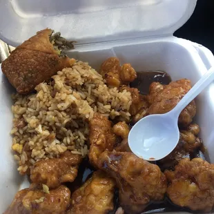 General chicken, fried rice, egg roll.