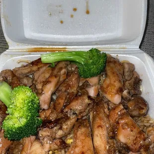 chicken and broccoli in a styrofoam container