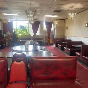 red leather booths and tables