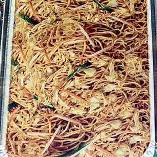 $100 each for full tray of selected item. Shown is crispy chow mein noodles.