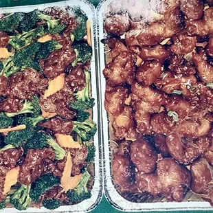 $100 each for full party tray of your selected item. Shown is broccoli beef and sesame chicken.