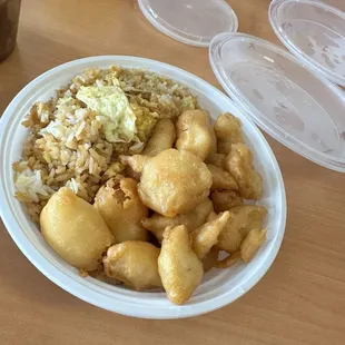 Sweet and sour chicken lunch plate with fried rice. Sauce came on the side.