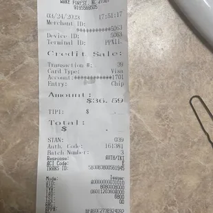 the receipt for the restaurant