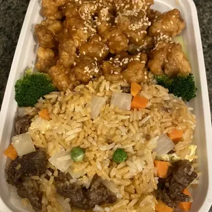 Sesame Chicken with beef fried rice