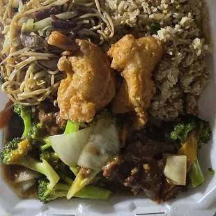Broccoli beef, pork fried rice, pork chow mene and fried shrimp.
