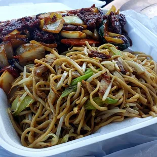 Mongolian Beef with Pork Chowmein Lunch Special.