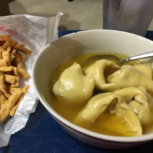 Wonton soup and crispy noodles