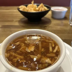 Hot &amp; Sour Soup with a side bowl of fried egg roll chips. It was good