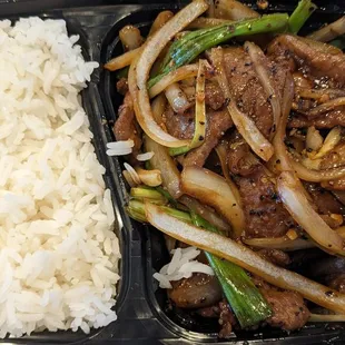 Mongolian beef with steamed rice - lunch portion