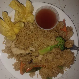 Vegetable and chicken fried rice with crab rangoons