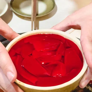 two hands holding a bowl of red liquid