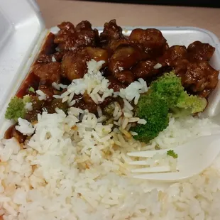 General Tso's Chicken...I get mine extra spicy and they have no problems complying to that...They can make this bad boy spicy!
