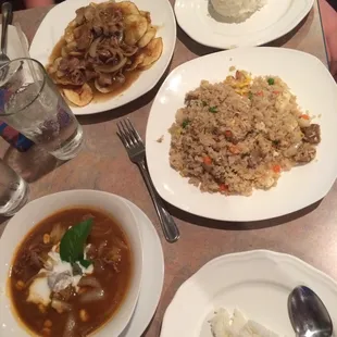 #24 Masaman curry in bowl. Pork fried rice #44. Potato stir fry with beef #38.