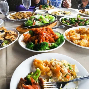 Salt &amp; pepper eggplant, orange chicken, chicken fried rice, schewan fish, beef &amp; brocolli, beef chowfun, &amp; veggie delight. Delish!