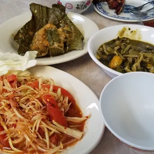 Papaya salad, mok pla, and gang nor mai