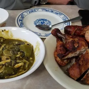 Gang nor mai, fried chicken, and sausage