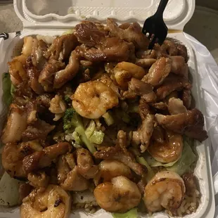 Chicken and Shrimp Teriyaki with fried rice and veggies