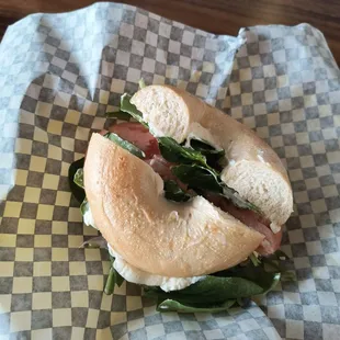 The perfect lox and bagels with cream cheese, spinach, capers and tomato...so good