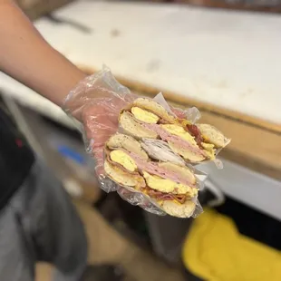 The Harley Quinn Bagel Sandwich.  Your choice of bagel, ham, scrambled eggs, American cheese, bacon and butter.