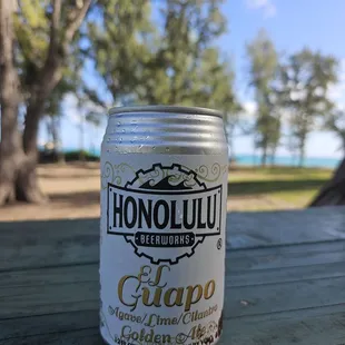 a can on a picnic table