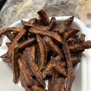 Another angle of the burnt, bitter sweet potato fries
