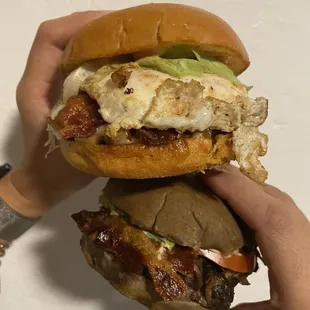 Top: Loco Moco burger on sweet roll  Bottom: Blue Hawaii Burger with mushrooms on taro bun