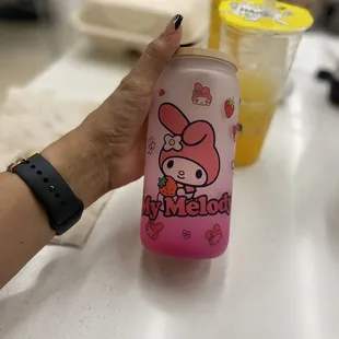 Beautiful My Melody reusable drinking glass with leak proof life and straw.