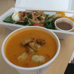 Tomato bisque soup and a spinach salad from the salad bar. The salads here go by weight and are cheap!!