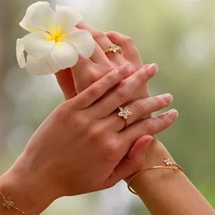 Our award winning Kaimana plumeria in ring and bracelet designs.