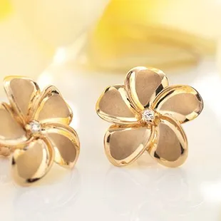 14K plumeria stud earrings with diamond centers