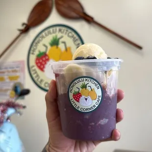 24oz açaí bowl with a scoop of vanilla ice cream on top