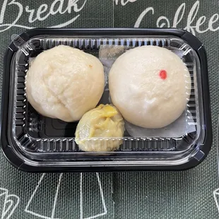 Chicken and Cha Siu (red dot) bun with pork hash