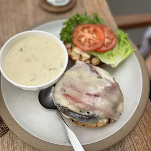 Grilled portobello mushroom burger ($21) with a cup of corn chowder with bacon ($2)  IG: @ohmyono