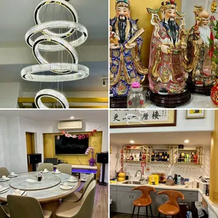 Indoor decor. Chandelier, Wise men, private rooms, and bar or cashier area.