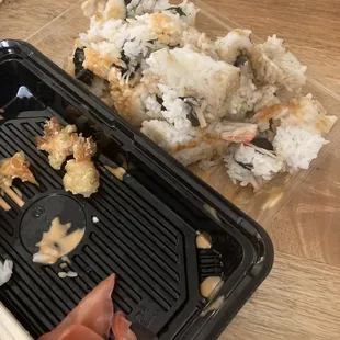 All of their maki rolls Are overloaded with rice, with barley any fillings in the inside...