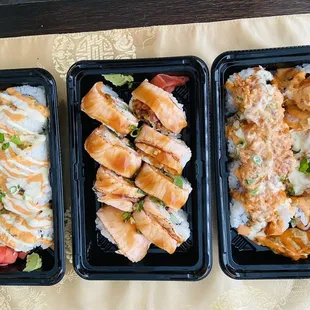Spicy ahi maki, grilled salmon maki and dynamite maki