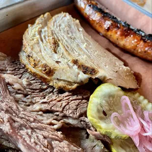 Three Meats; Brisket, Turkey, and Jalapeño Sausage.