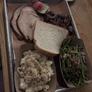 Turkey. Chopped brisket 50/50. Bacon green beans. Mac n cheese.